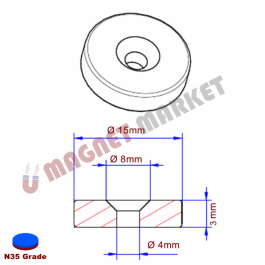 Çap 15mm X Delik çap 8/4 X Kalınlık 3mm Neodymium Magnet  (havşadelik)